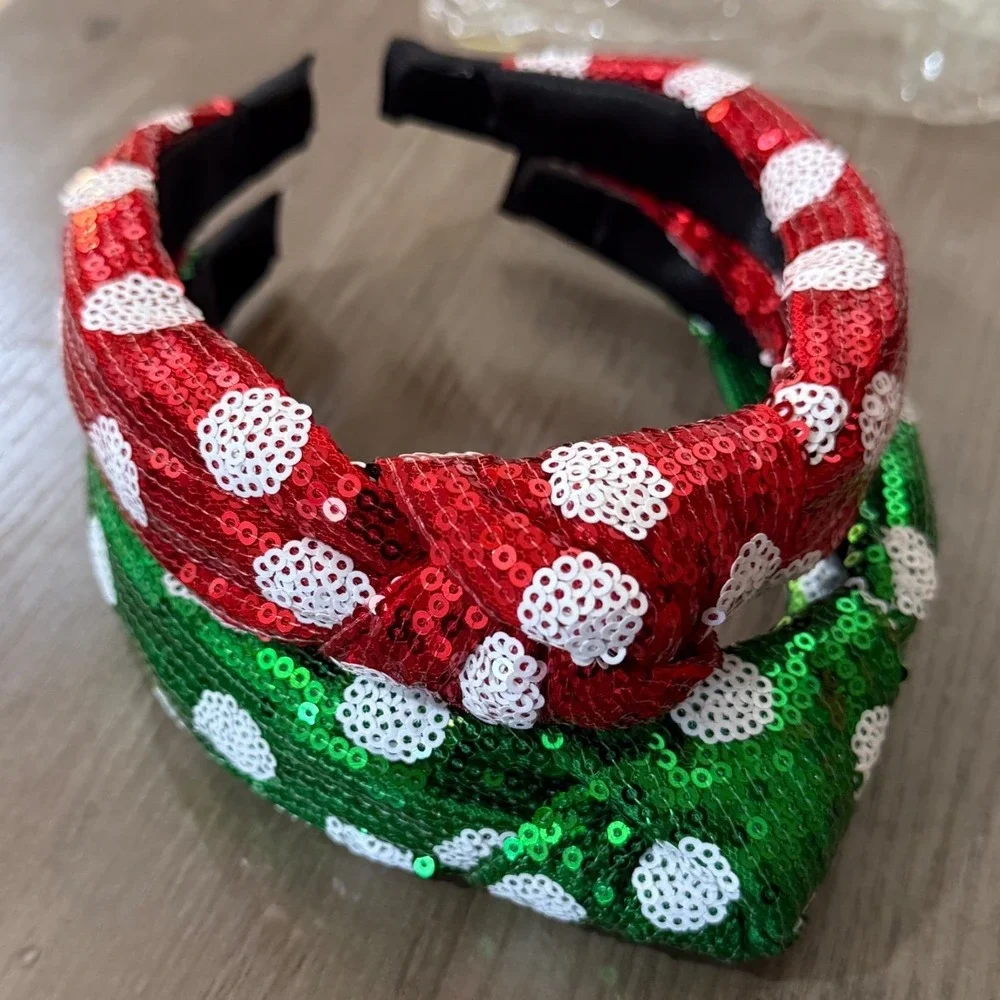 Lanmerry Christmas Sequin Knotted Headband Set Red Green Polka Dot 2 Pack NEW